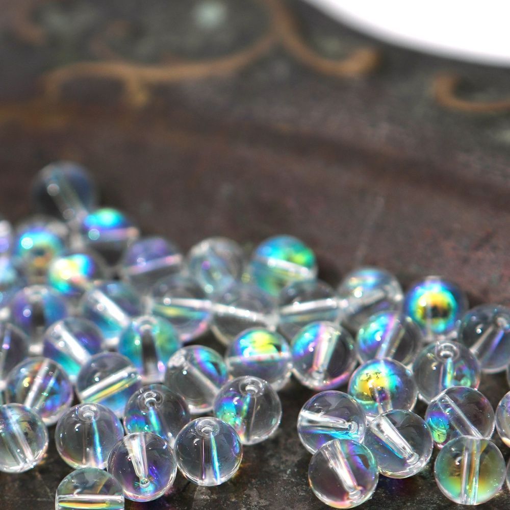 бусина, стекло 6, цвет прозрачный/бензиновый, 6 мм