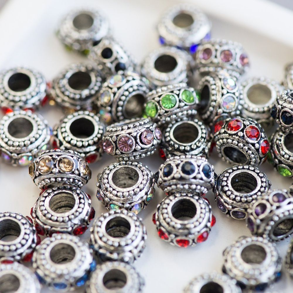 ес бусина "роскошь 2", стразы, цвет платина, 10х6 мм