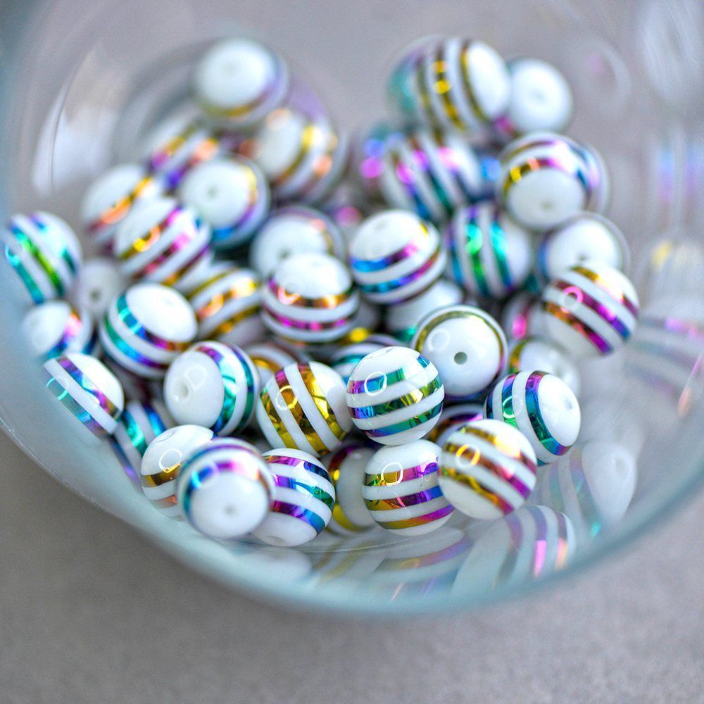 бусина, стекло "страйп", цвет белый/радужный, 10 мм