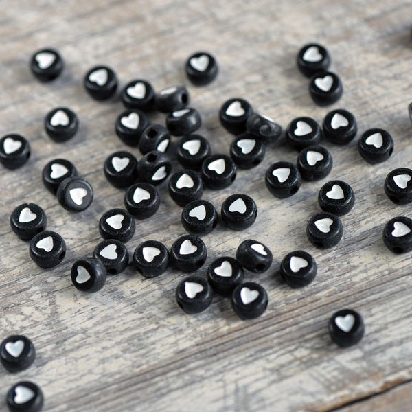бусина, акрил "сердечки", плоская, цвет черный/белый, 7x4 мм