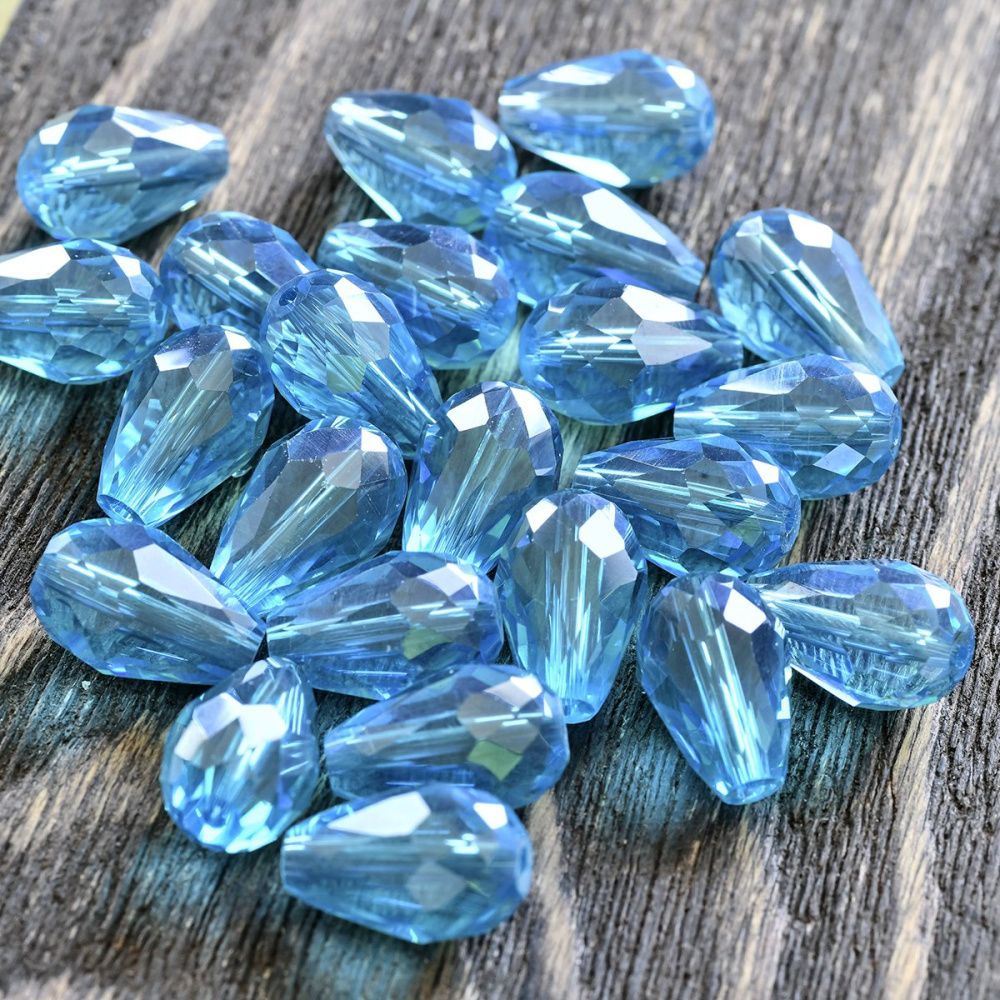 бусина "капля", граненая, стекло, цвет ярко-голубой радужный, 15х10 мм