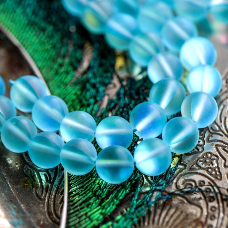 бусина, стекло "лунный камень", цвет бирюзовый, 10 мм