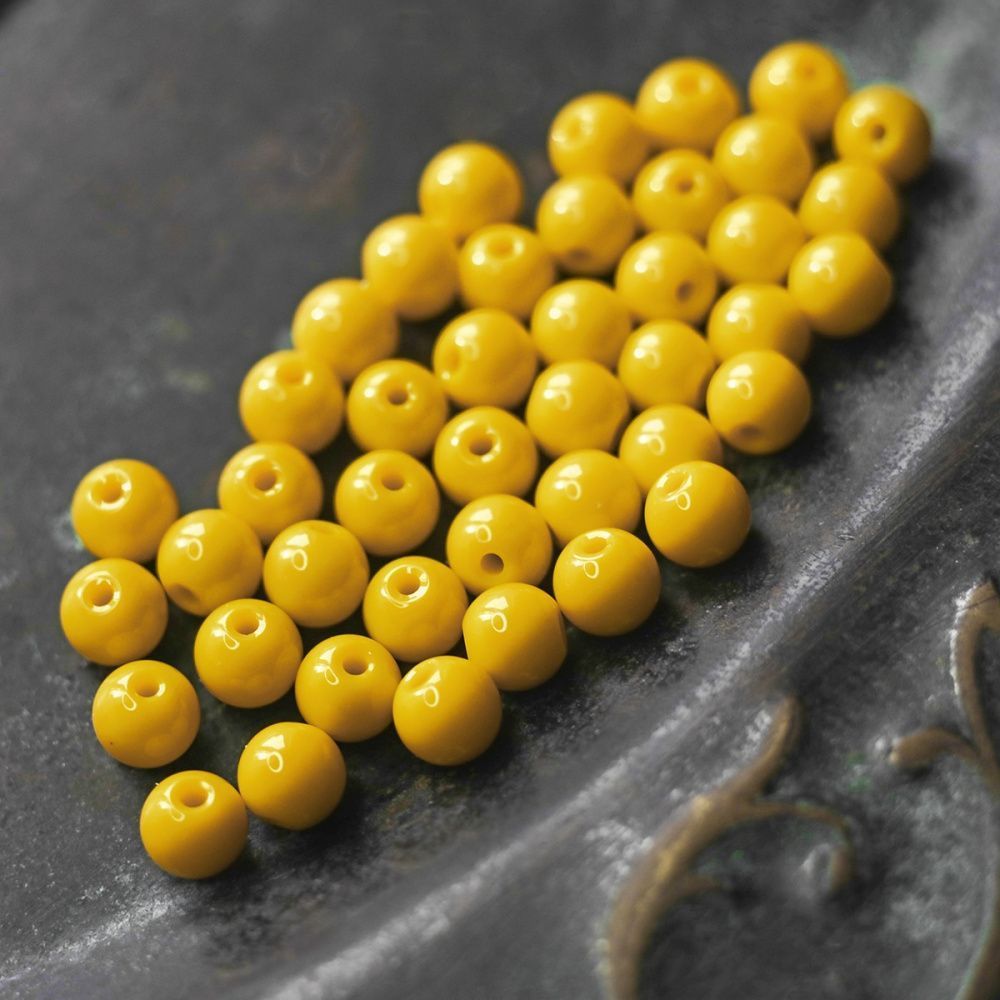 бусина, стекло 6, цвет желтый, 6 мм