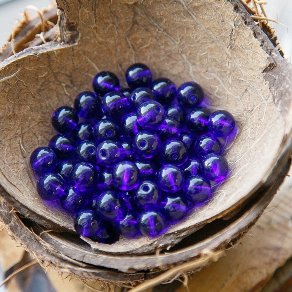 бусина, стекло 8, цвет индиго, 8 мм