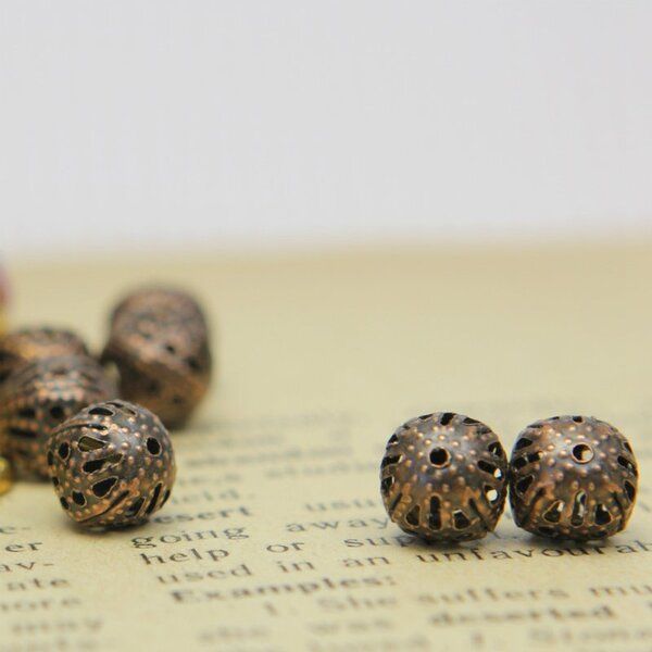 бусина, металл "винтаж" 8, цвет красная медь, 8 мм