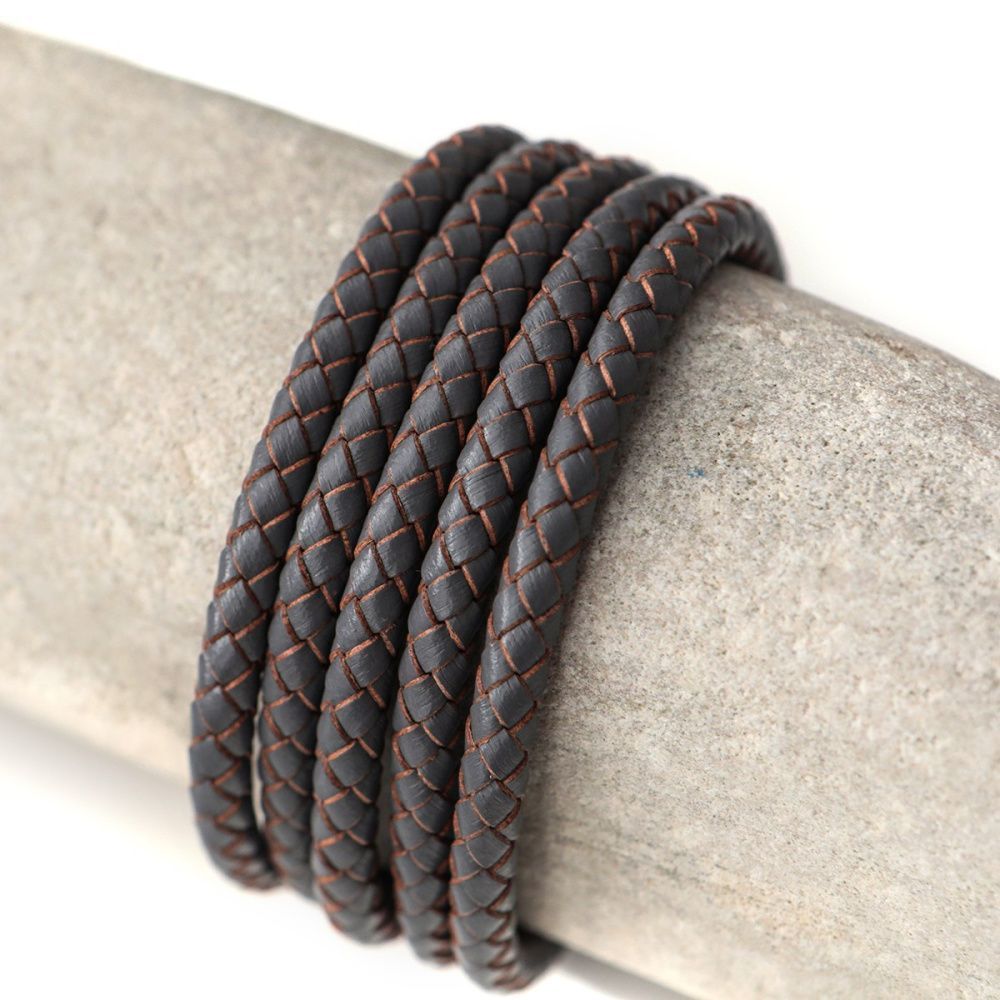 шнур кожаный круглый, плетеный, цвет серый, диаметр 5 мм