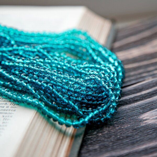 бусина, стекло абакус 6, граненая, цвет бирюзовый, 6х4 мм