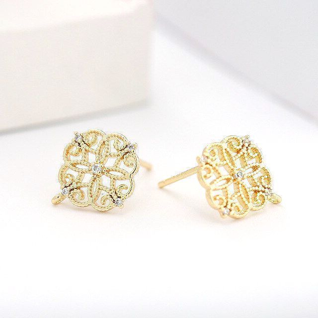 пуссеты "виньет", с цирконием, позолоченные, 13x12 мм 