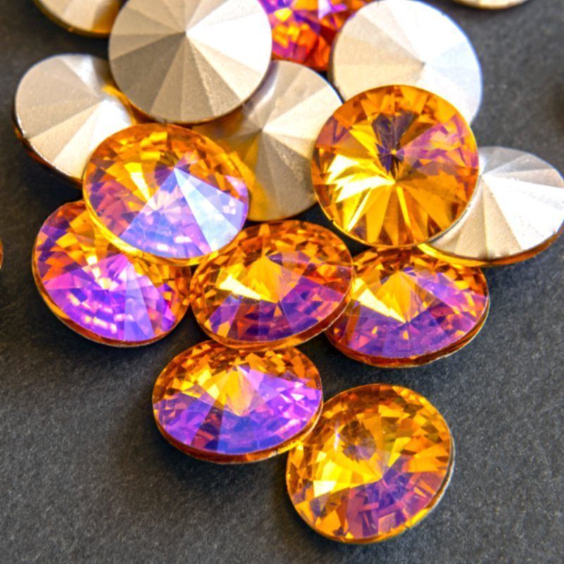 кабошон стекло риволи, цвет желтый радужный ав, 14х7 мм