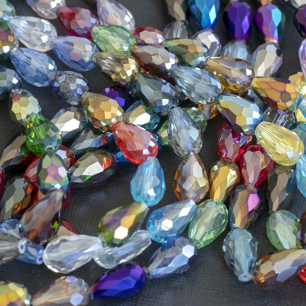 бусина "капля", граненая, стекло, цветовой микс, 15х10 мм