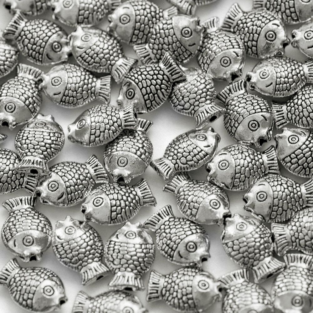 бусина, металл "рыбка", цвет античное серебро, 12x8x4 мм