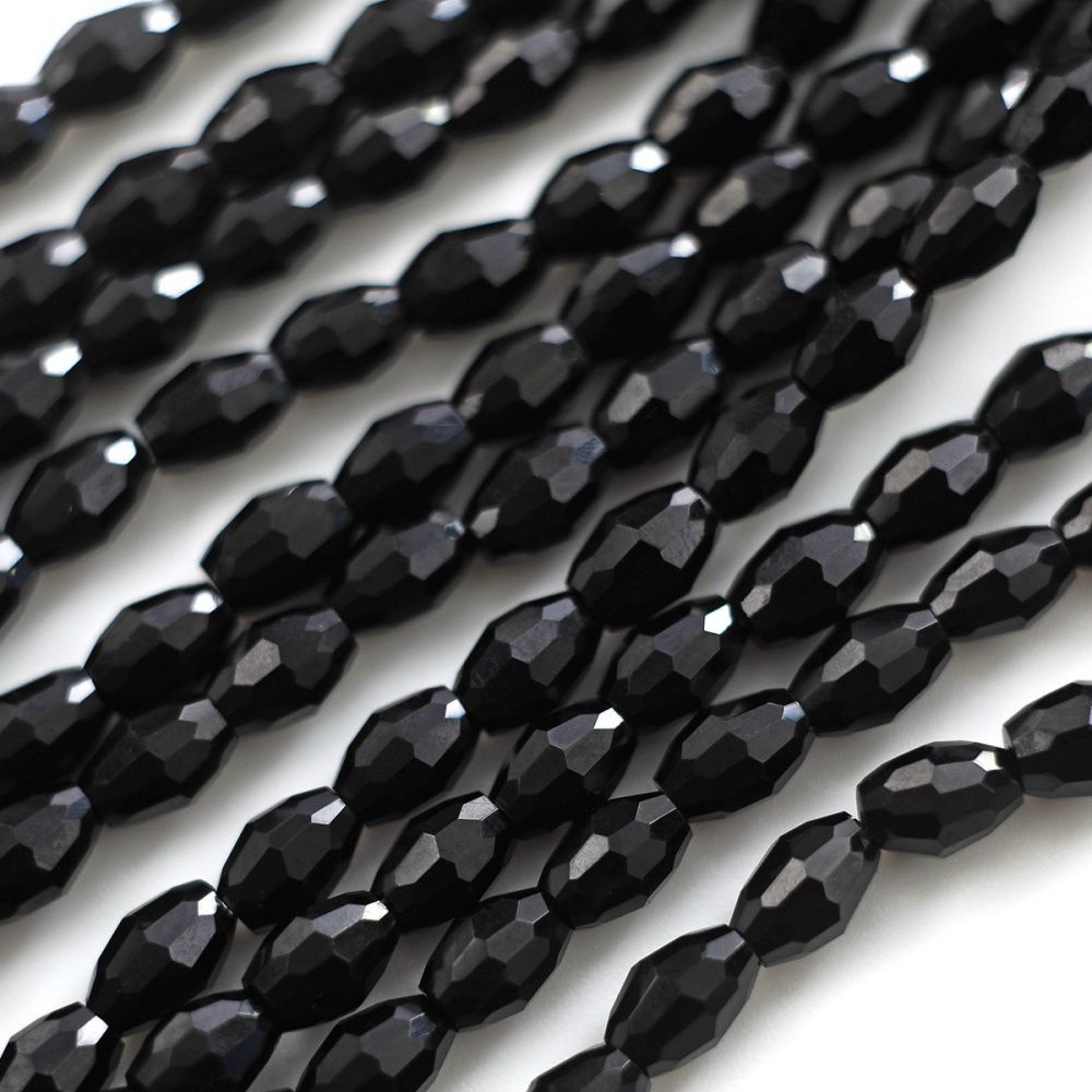 бусина, стекло овальная, граненая, цвет черный, 6х4 мм