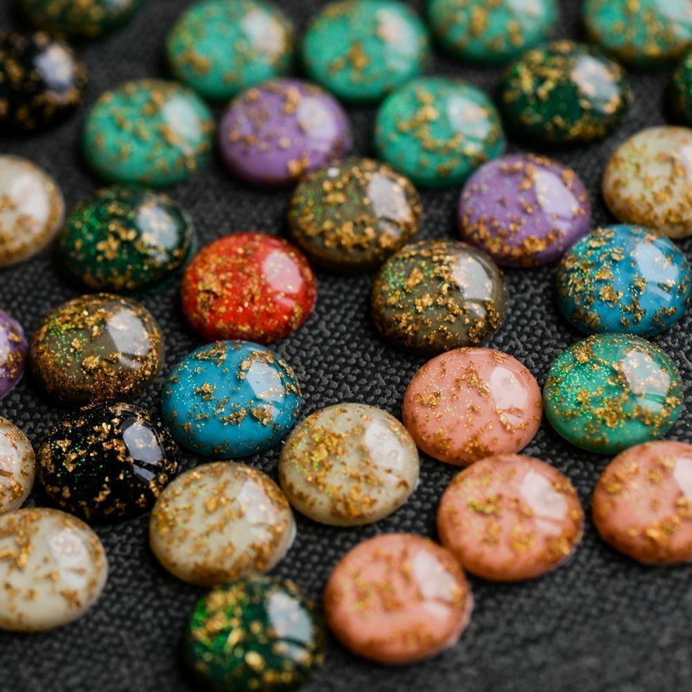 кабошон из смолы "глиттер", цветовой микс, 12x5 мм