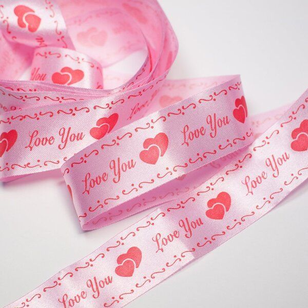 лента, атлас "love you", цвет розовый, ширина 25 мм