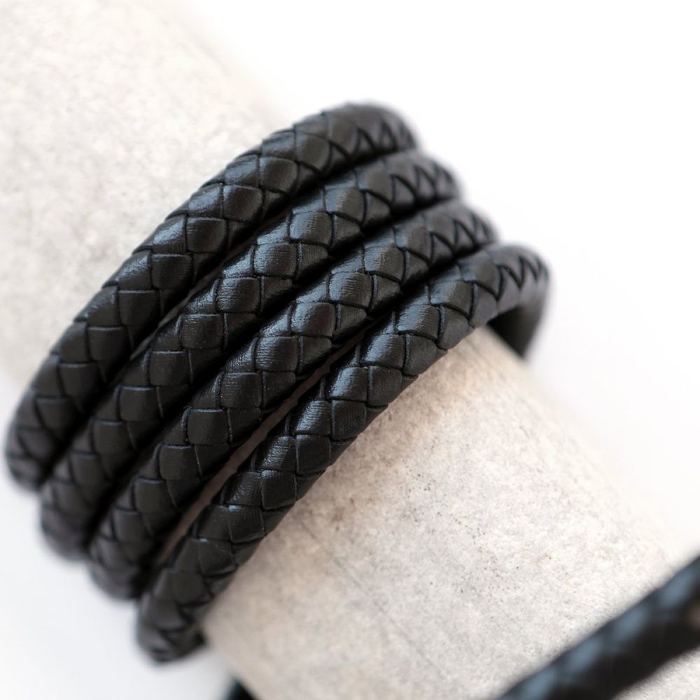 шнур кожаный круглый, плетеный, цвет черный, диаметр 8 мм