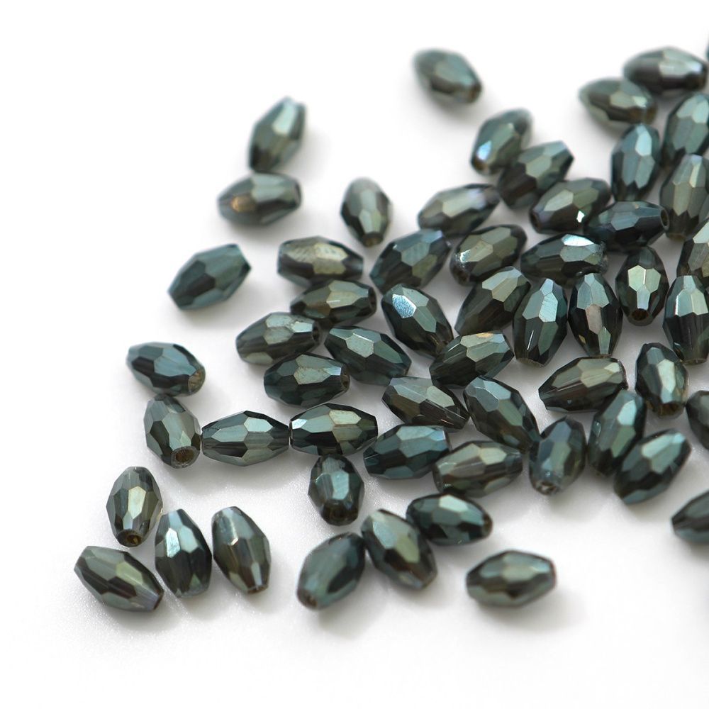 бусина, стекло овальная, граненая, цвет серо-зеленый перламутровый, 6х4 мм