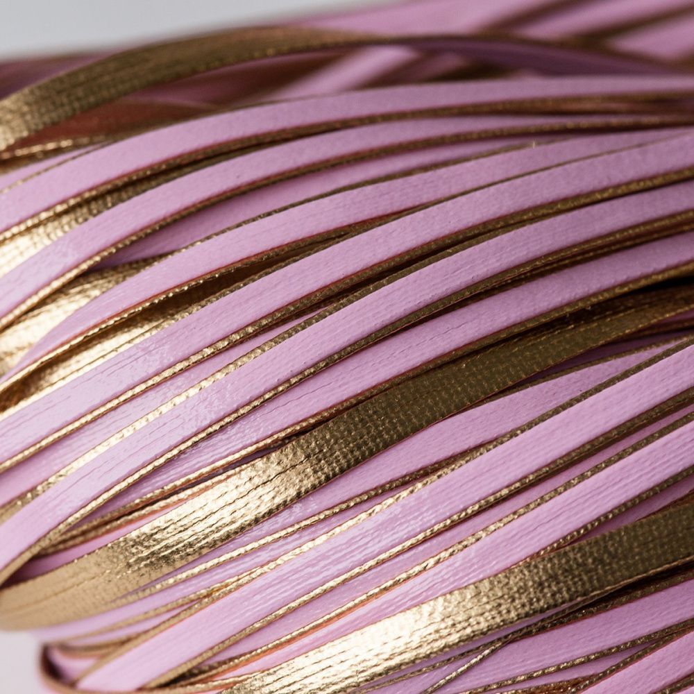 шнур, имитация кожи, плоский, цвет розовый/золото, 3х1 мм