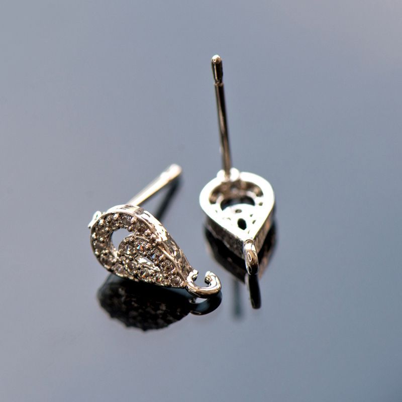 пуссеты "перо павлина", цирконий, цвет платина, 11.5x6x2.5 мм