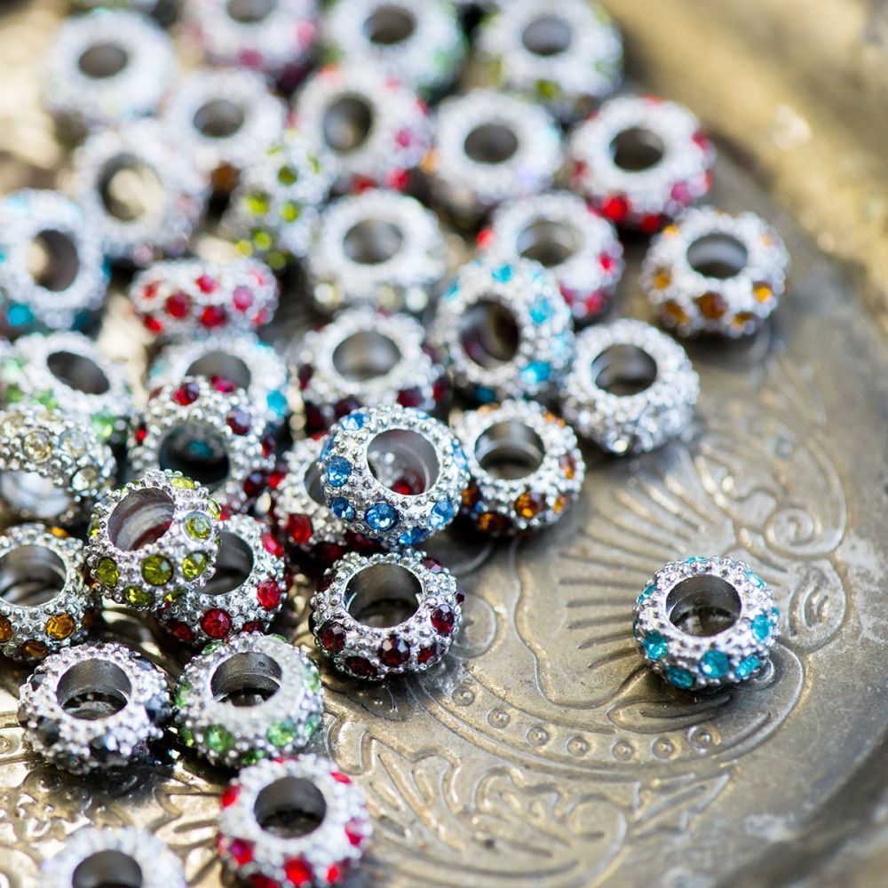 ес бусина "роскошь", стразы, цвет платина, 11х6 мм