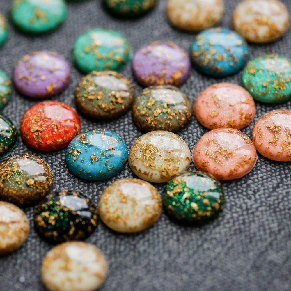 кабошон из смолы "глиттер", цветовой микс, 12x5 мм