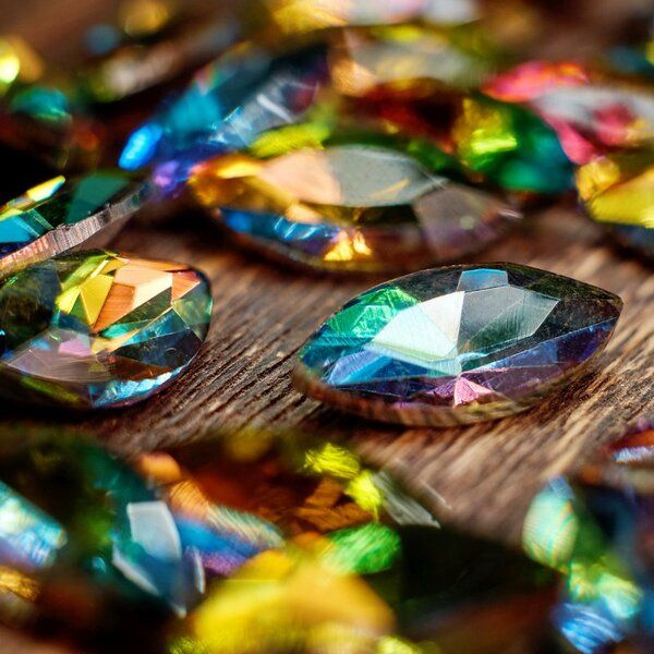 кабошон стекло кристалл, navette, цвет rainbow, 18х9 мм