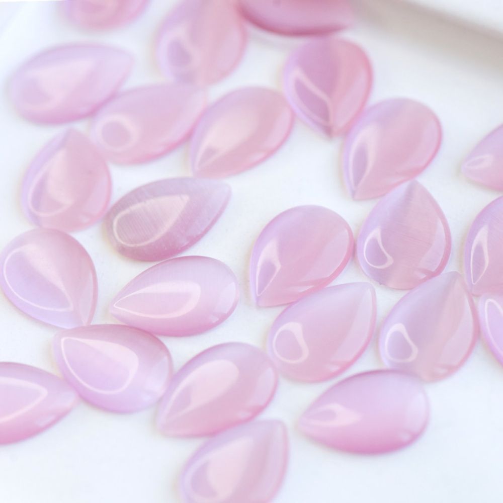 кабошон "кошачий глаз" капля, стекло, цвет розовый, 14x10x2.5 мм