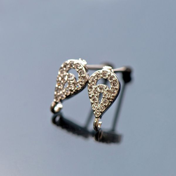 пуссеты "перо павлина", цирконий, цвет платина, 11.5x6x2.5 мм