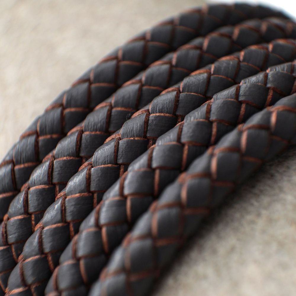 шнур кожаный круглый, плетеный, цвет серый, диаметр 5 мм