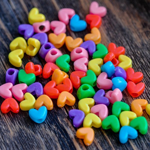 бусина, акрил "сердечко плоское", цветовой микс, 7x9.5x5 мм