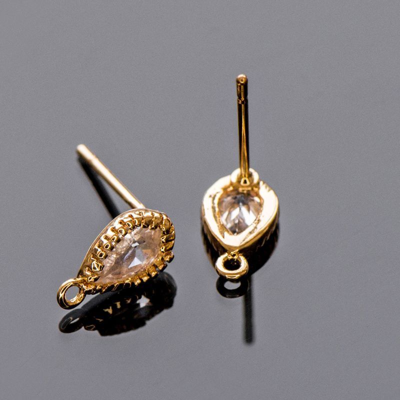 пуссеты "дроп", с цирконием, позолоченные, 9.5x5.5 мм 