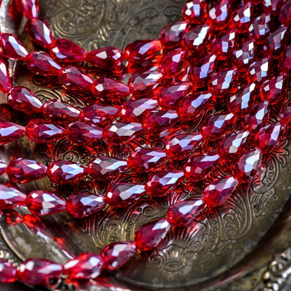 бусина "капля", граненая, стекло, цвет красный радужный, 15х10 мм