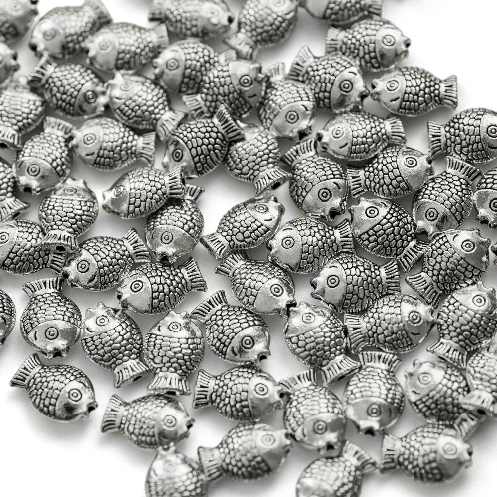 бусина, металл "рыбка", цвет античное серебро, 12x8x4 мм