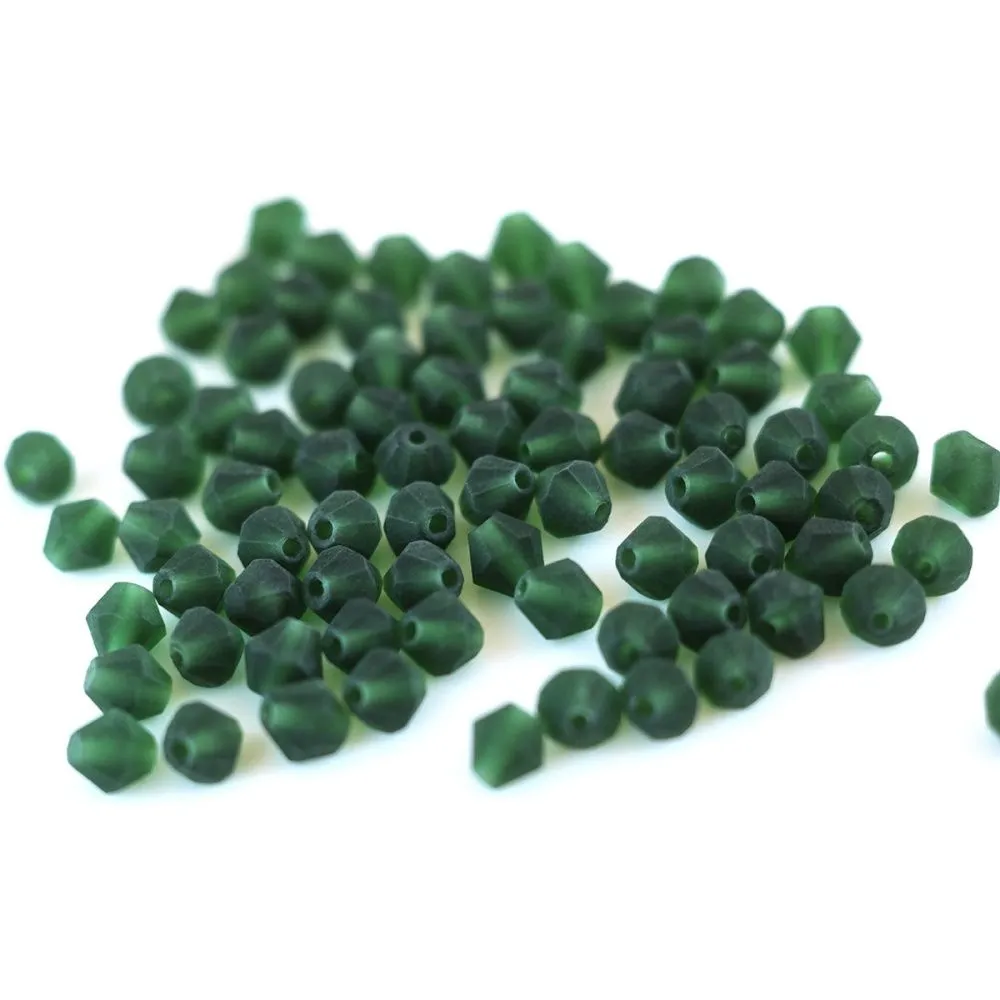 бусина, стекло биконус матовая 6, цвет темно-зеленый, 6 мм