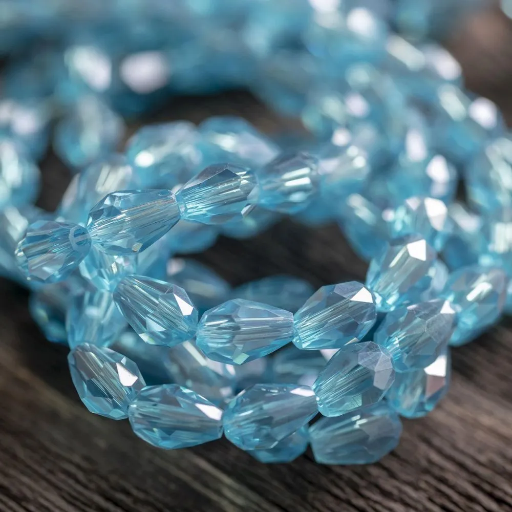 бусина "капля", граненая, стекло, цвет светло-бирюзовый радужный, 6х4 мм