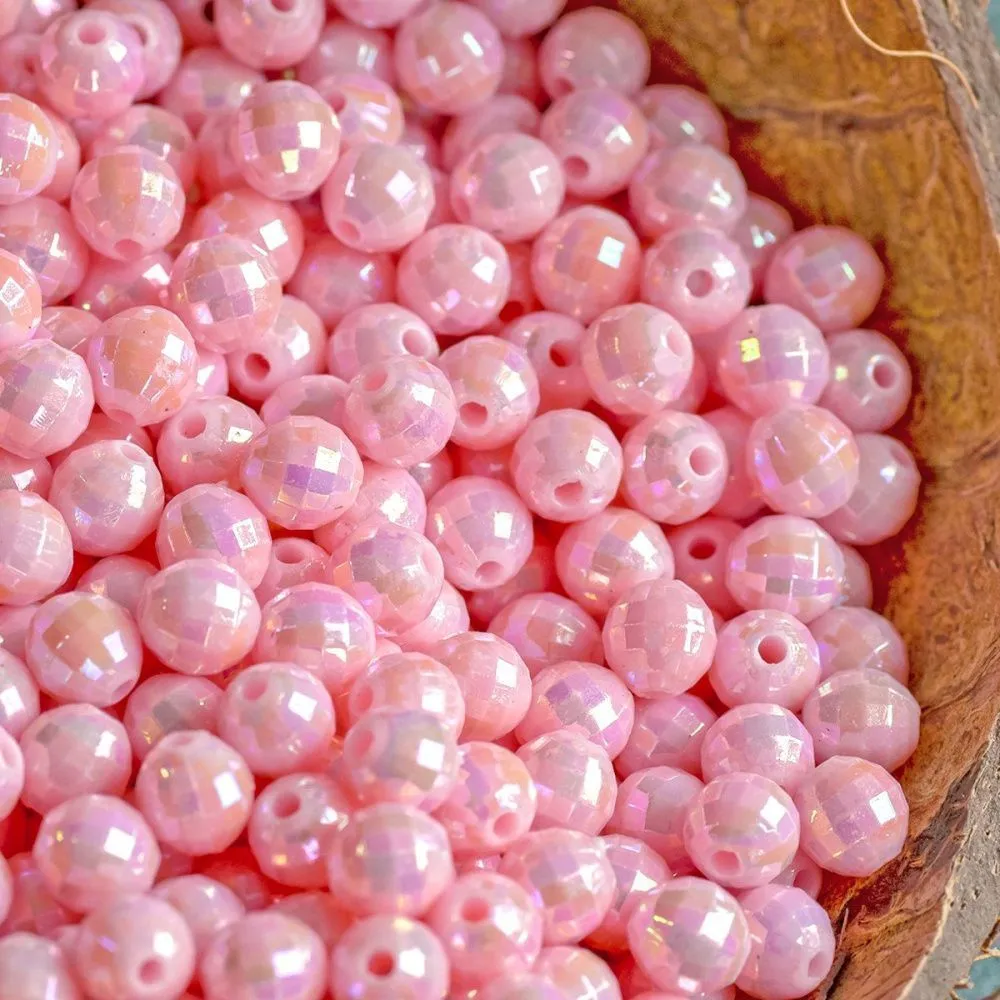 бусина, акрил 6, граненая, розовый перламутровый, 6 мм