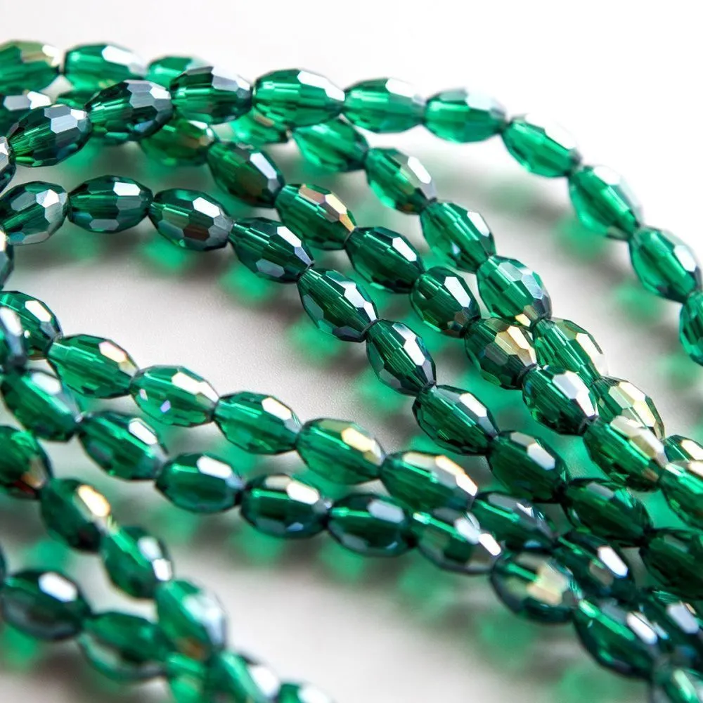 бусина, стекло овальная, граненая, цвет изумрудный ав, 8х6 мм
