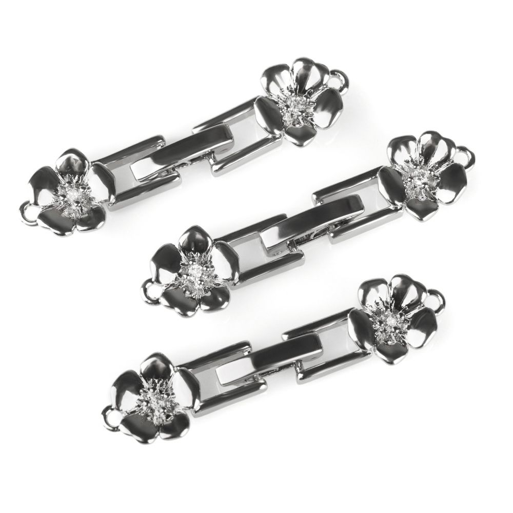 замок для украшений "плюмерия", покрытие платина/циркон, 32.5x8x3 мм