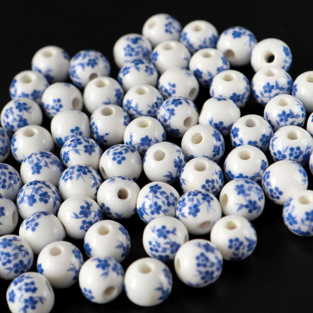 бусина, керамика "сакура", цвет бело-голубой, 10 мм