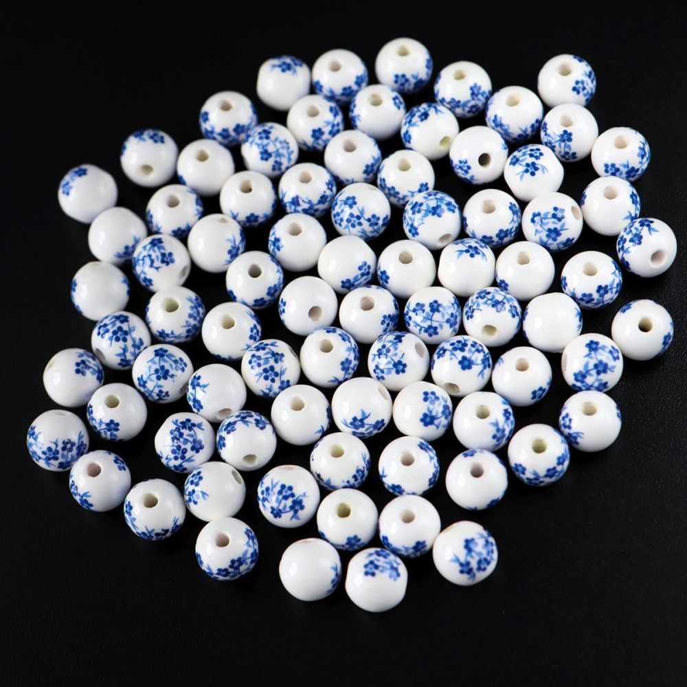 бусина, керамика "сакура", цвет бело-синий, 8 мм