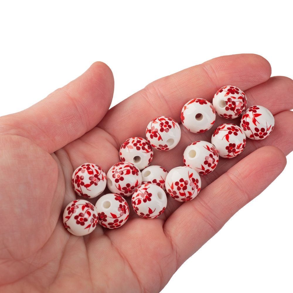 бусина, керамика "сакура", цвет бело-красный, 12 мм