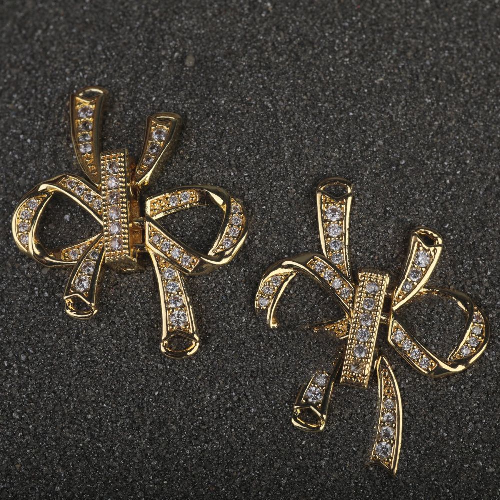 замок для украшений "бант", позолота/циркон, 27x25x5 мм