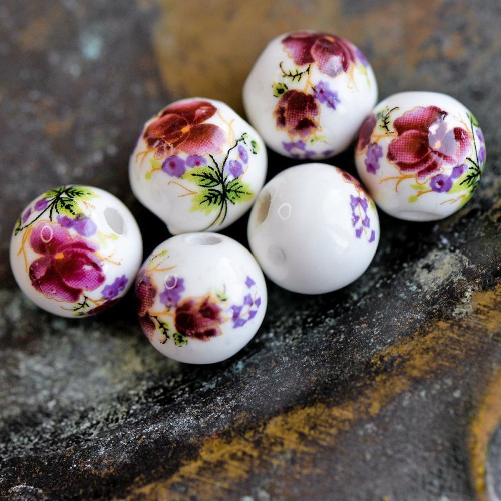 бусина, керамика "букет", цвет белый/малиновый, 10 мм