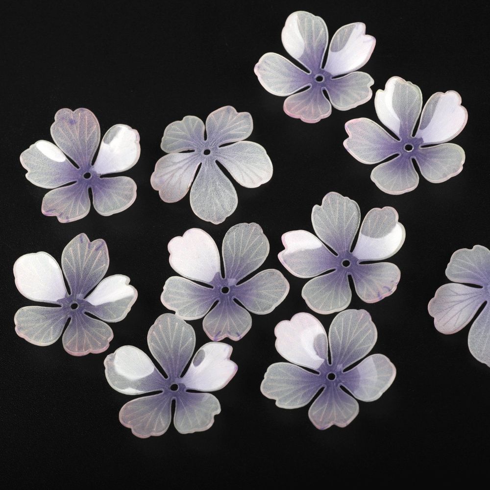 бусина, акрил "цветок сливы", цвет белый/сиреневый, 28x28x8-10 мм