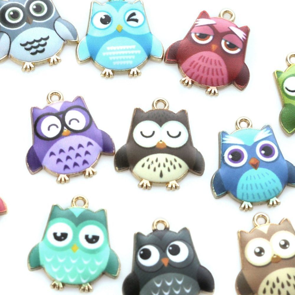 подвеска металлическая "совушки", эмаль, цветовой микс, 23x21x2.5 мм