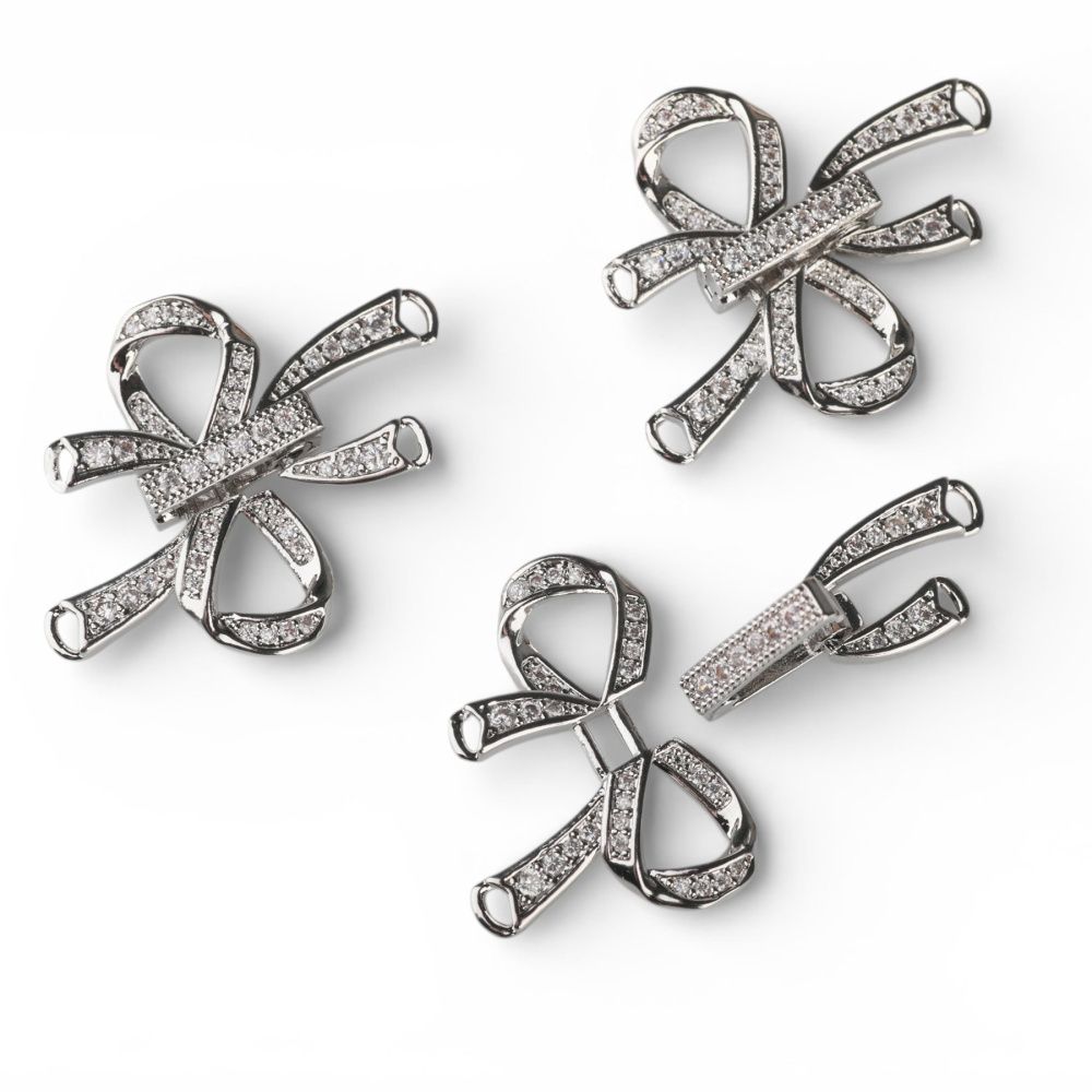 замок для украшений "бант", покрытие платина/циркон, 27x25x5 мм