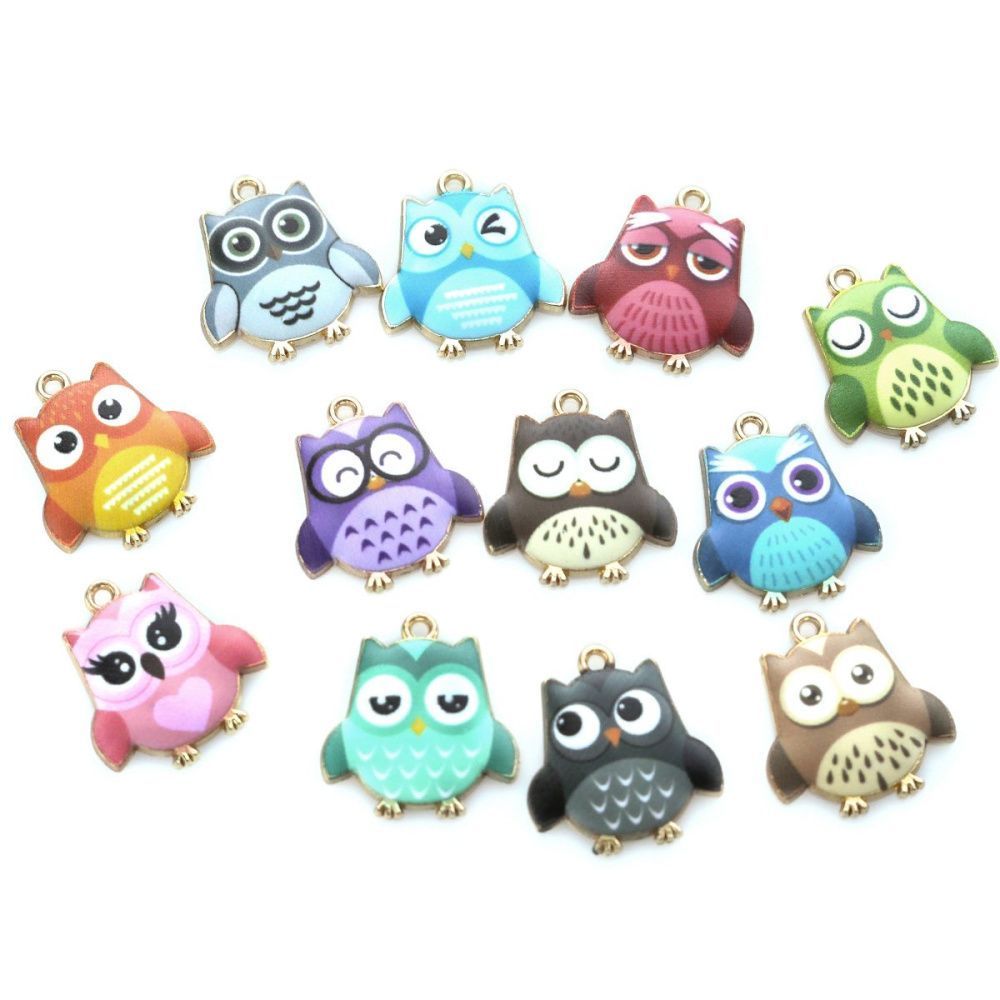 подвеска металлическая "совушки", эмаль, цветовой микс, 23x21x2.5 мм