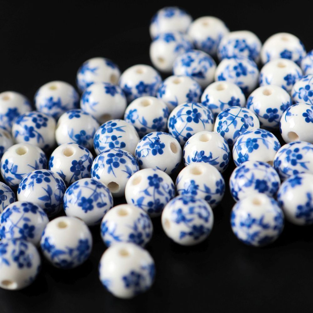 бусина, керамика "сакура", цвет бело-синий, 12 мм