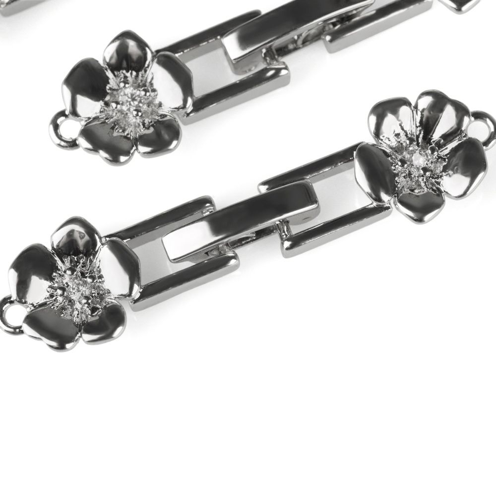 замок для украшений "плюмерия", покрытие платина/циркон, 32.5x8x3 мм