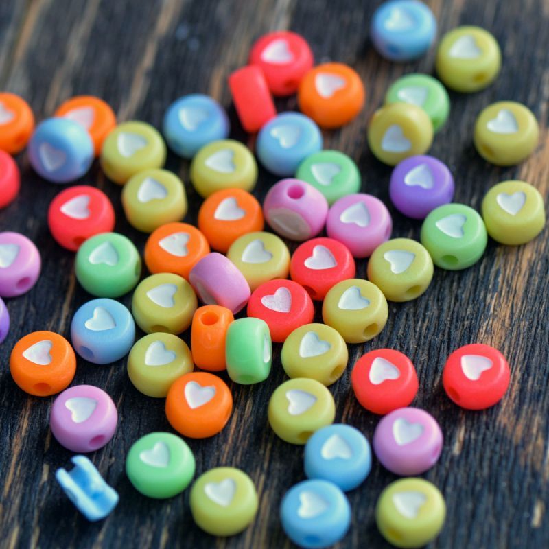 бусина, акрил "сердечки", плоская, цветовой микс пастельный, 7x7x4 мм