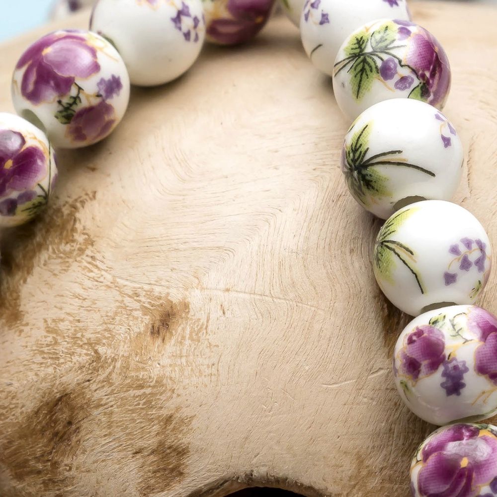 бусина, керамика "букет", цвет белый/малиновый, 10 мм